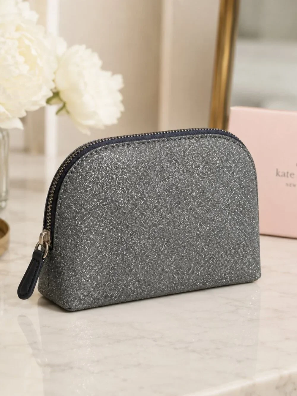Kate Spade Lola Glitter Cosmetic Bag Dusk Navy Small Dome NWT
